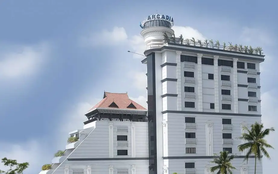 Hotel Arcadia's signed tower in Kottayam, pictured in its Kerala Tourism listing.