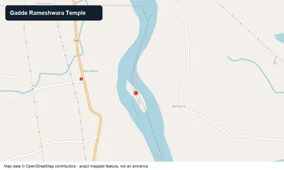 OpenStreetMap view centred on Kuruvada Gadde and its Rameshwara temple; the marker is not a safe crossing point.