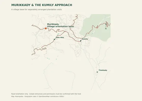 Orientation map showing Murikkady village, Kumily and Thekkady; estate entrances require separate confirmation.