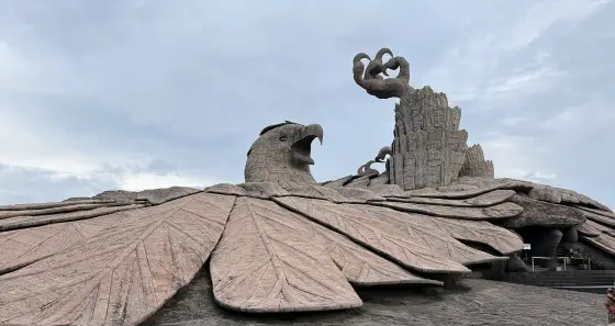 The completed Jatayu sculpture on its rocky summit, photographed in November 2024.