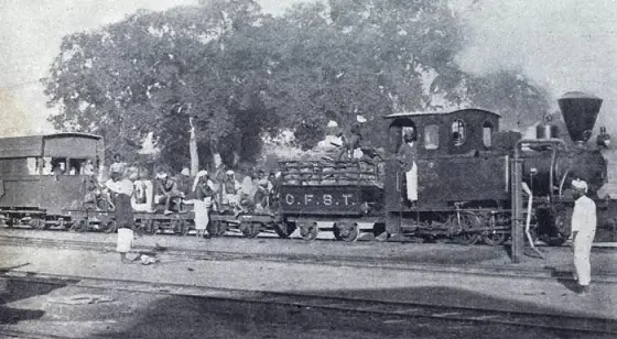 The Cochin State Forest Tramway’s logging locomotive, truck and caboose, from the plate published in Scientific American on 26 February 1910. The exact spot on the 79.5 km system is not recorded; the tramway’s workshop and timber yard were at Chalakkudy.