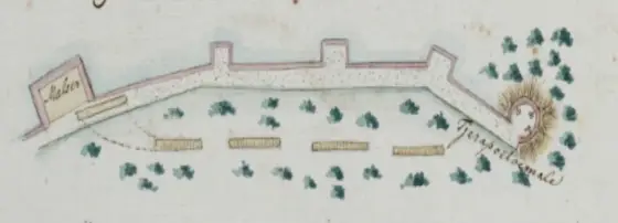 The Dutch plan of the Travancore Lines and the Meloor gate, dated 14 January 1790 — a fortnight after the ambush at Muringoor. “Maloer” at the left is Melur; the labelled round work at the right reads Tjerapoetoemale, Cheruputhumala. Nationaal Archief, The Hague.
