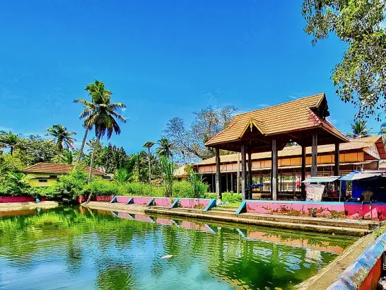 The temple pond and pavilion at Haripad.