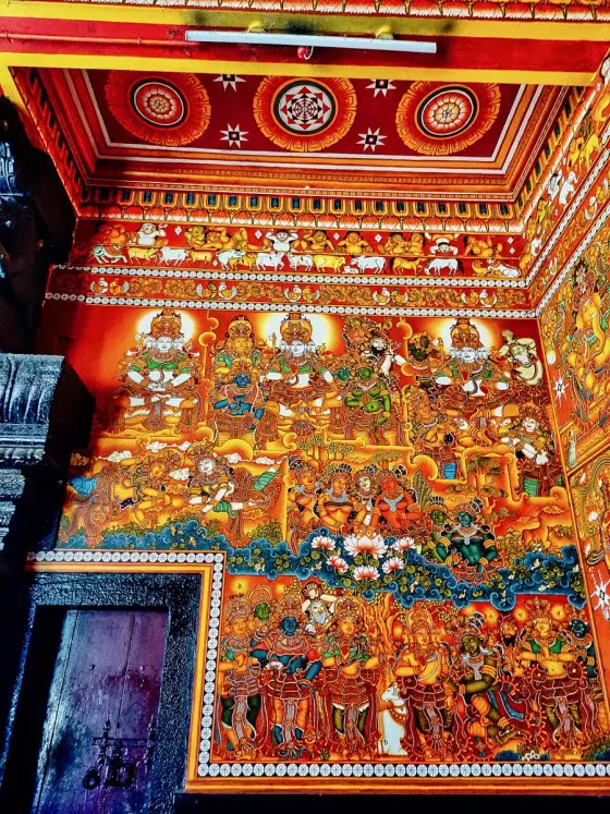 A painted wall panel at Haripad temple.