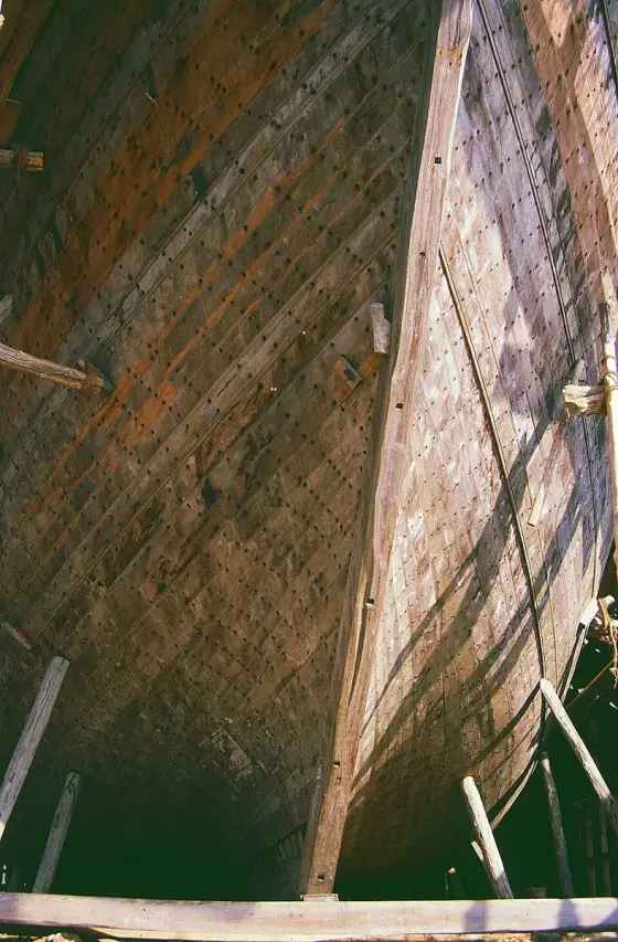 The wooden interior of a boat under construction at Beypore.
