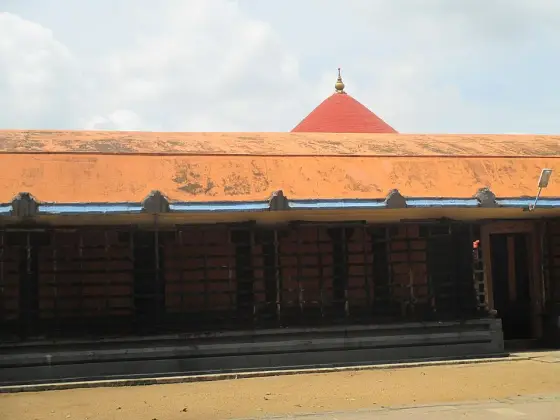 A closer view of the roof and lamp-lined wall.