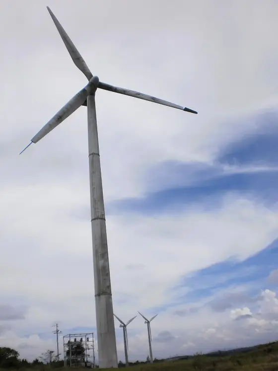 A turbine on the ridge, filed under its Malayalam name കാറ്റാടിയന്ത്രം — wind machine. These belong to Pushpakandam and Kuruvikanam and are on private holdings; English Wikipedia puts the installation at about 14.25 MW of NEG MICON machines.