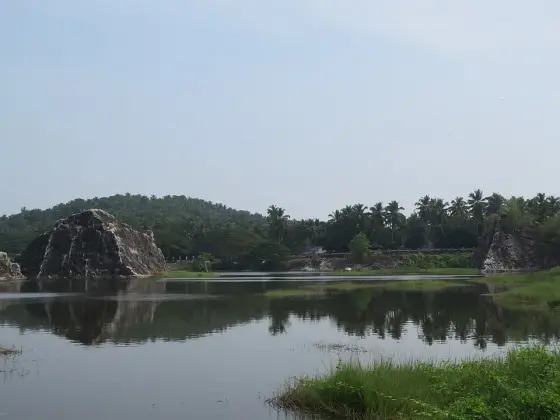 A large rock beside the pond at Sargaalaya.
