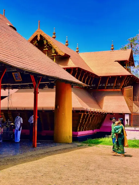 Timber pillars and overlapping tiled roofs at the temple entrance.