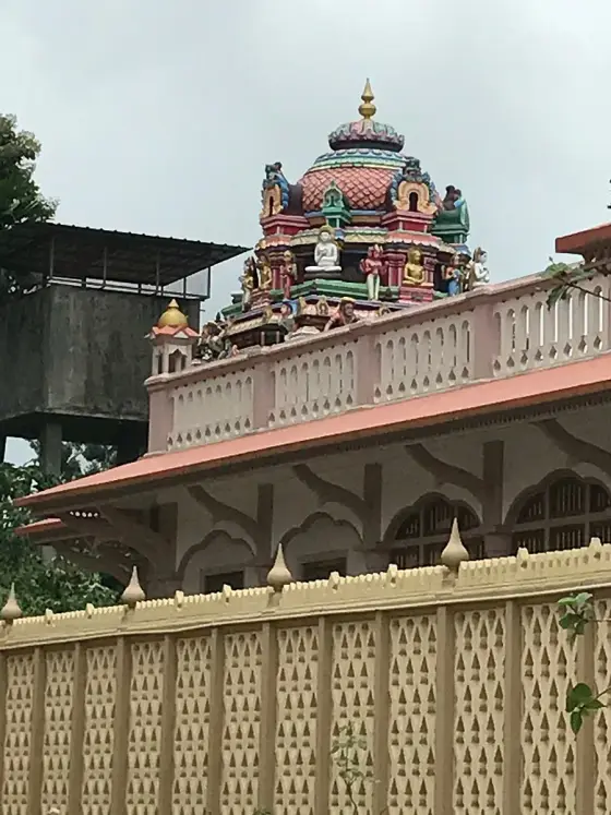 Sculpted figures above a screened section of the Puliyarmala temple.