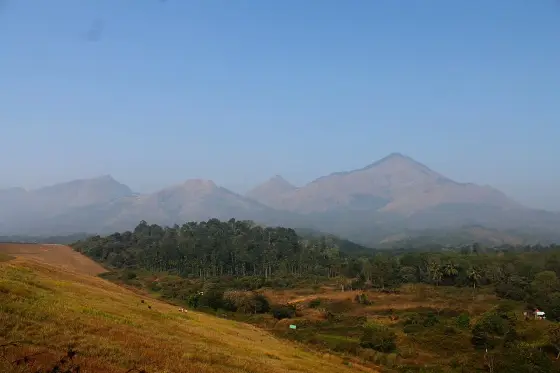 Banasura Hill above the surrounding fields in a dry-season landscape.