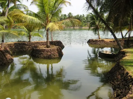 Boats moored along a palm-lined reach of the Nileshwar River.
