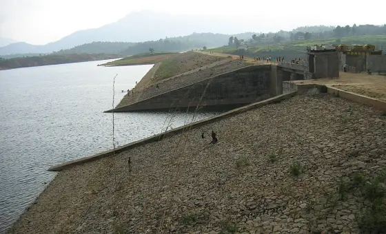 The embankment and water-control works viewed together.