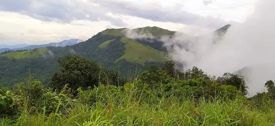 Cloud crossing the green hilltops.