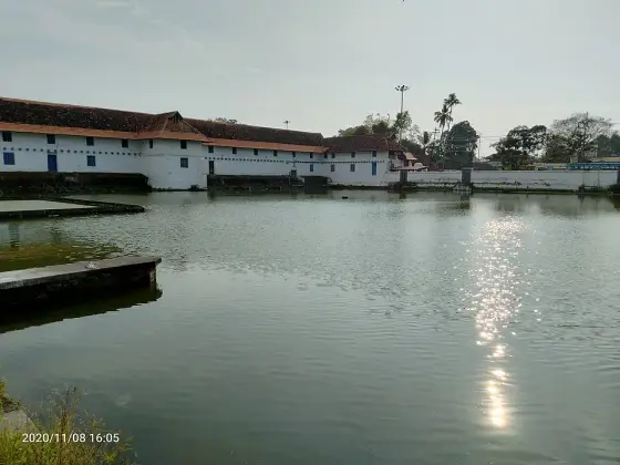 The temple pond beside the tiled buildings.