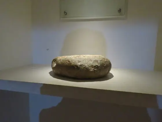 A shallow stone vessel in a museum display case.