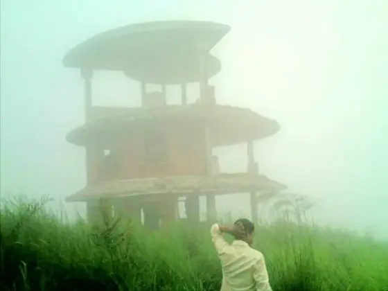 The lookout structure in thick mist.