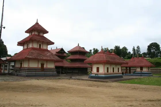 The tiled-roof temple buildings seen across the courtyard.