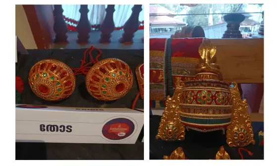 Two frames from Kalamandalam’s costume display show round red-and-gold ornaments and an elaborate headdress.