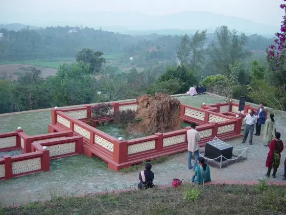 An archival view of the memorial grounds, with a tree stump inside a red-and-cream enclosure and hills beyond.
