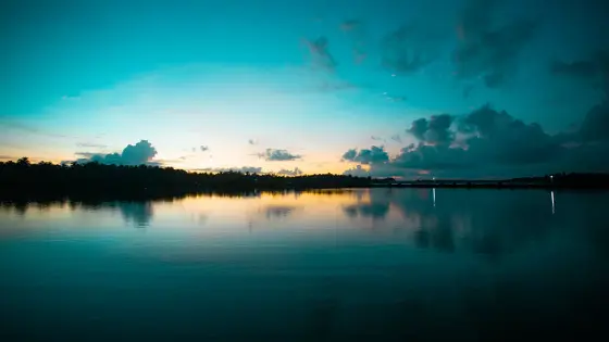 Evening light reflects in Valiyaparamba Backwaters beside a dark palm-lined shore and low bridge.