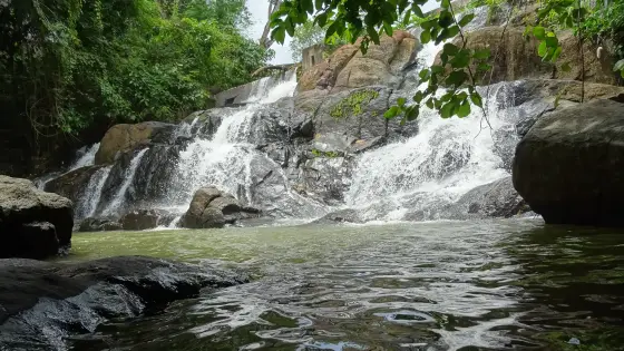 Water descends through the rocky, vegetation-framed Aruvikkuzhi cascade.