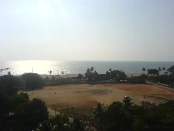 An archival lighthouse view looks across open ground and palms towards the sea and pier.