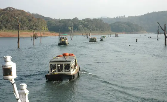 An archival photograph shows sightseeing boats among standing trunks on Periyar Lake.