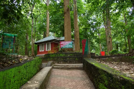 A paved incline approaches a small red building with a Conolly’s Plot sign.