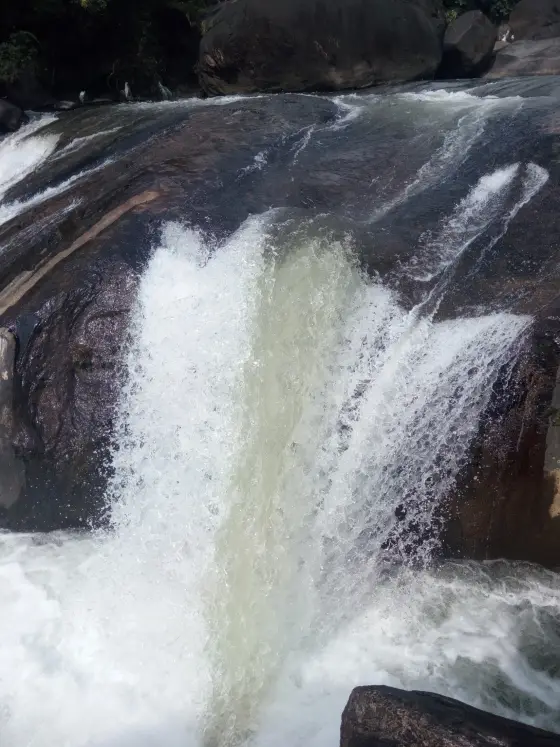 A narrow vertical view follows water over the Arippara rocks.