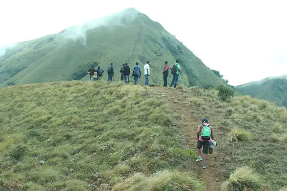 Walkers on a grassy ridge at Meesapulimala.