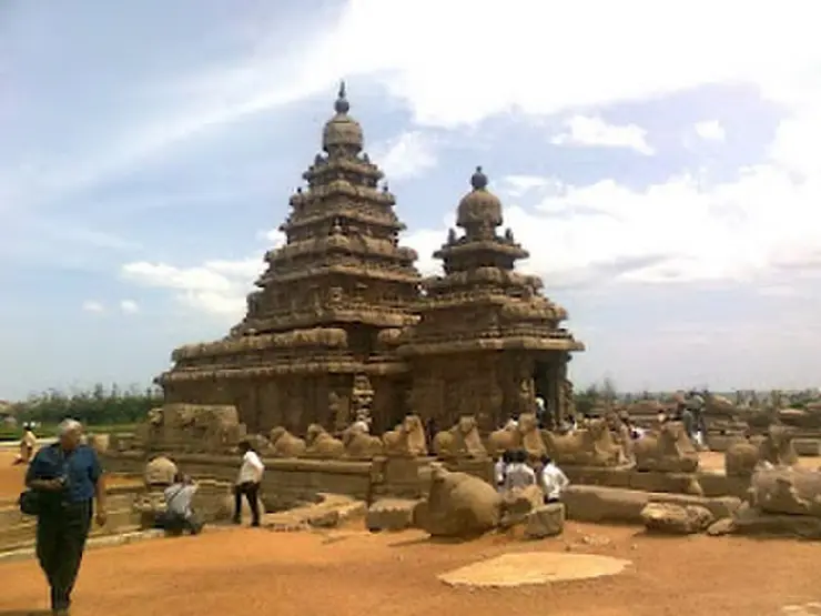 The granite Shore Temple of Mahabalipuram rising beside the Bay of Bengal