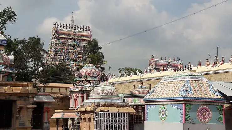 The painted gopuram and vimanas of the Thyagaraja Temple at Tiruvarur