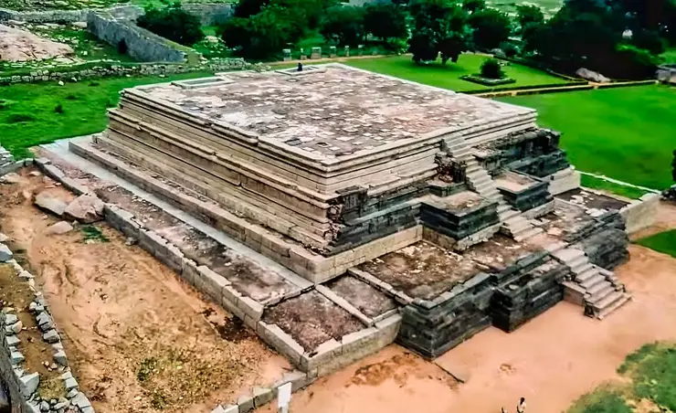 Aerial view of the stepped Mahanavami Dibba platform at Hampi