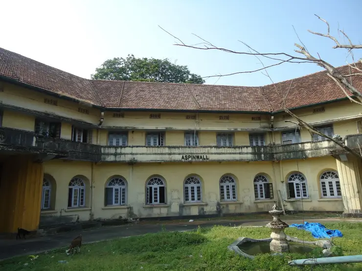 The unrestored yellow office block at Aspinwall House with the company name lettered across the balcony, goats grazing in the yard