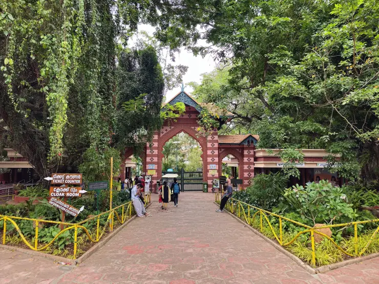 The brick entrance arch of Thiruvananthapuram Zoo, almost swallowed by creepers and heavy tree canopy, with visitors on the paved approach