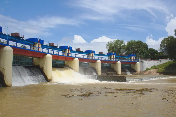 Water spilling through the gates of Aruvikkara Dam on the Karamana river in full monsoon flow