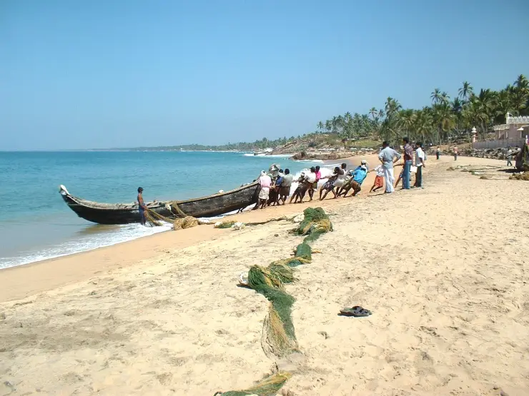 A shore seine being hauled up the sand at Kovalam, with the net laid out along the beach and a wooden boat in the shallows
