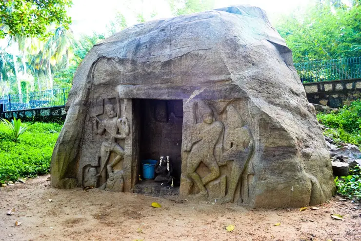 The rock-cut cave shrine at Vizhinjam, excavated from a free-standing granite boulder