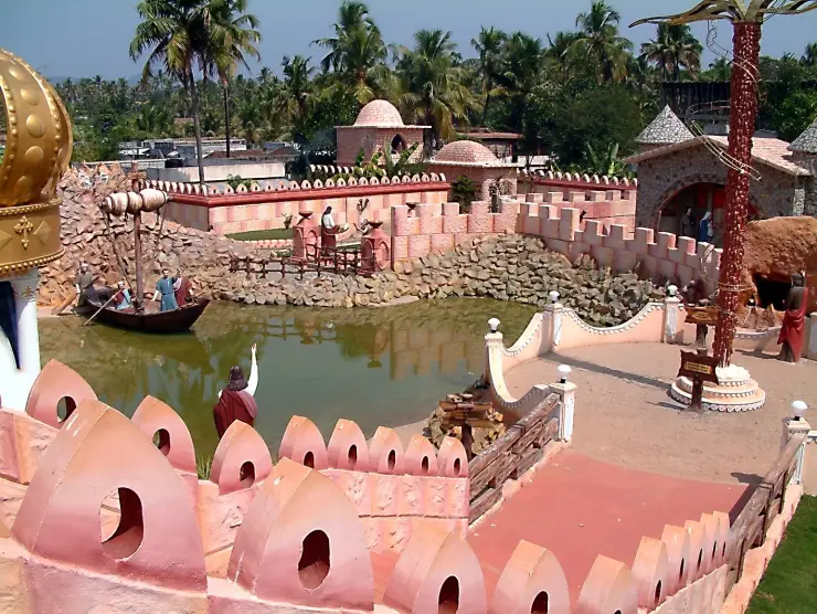 The interior of the Holy Land at Chalakkudy, with an artificial pond, a boat and life-size figures