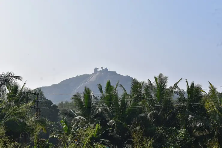 Jatayupara seen from ground level: a bare rounded grey rock dome rising out of coconut and banana groves, with the small silhouette of the Jatayu sculpture on its summit and power lines crossing the foreground.