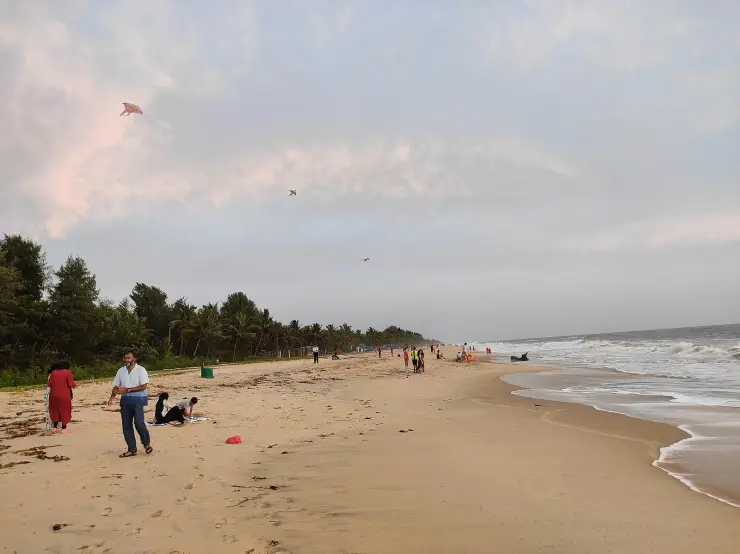 A wide sandy beach at Marari in the evening, with kites in the sky, small groups of people walking and sitting, and coconut palms behind the dunes
