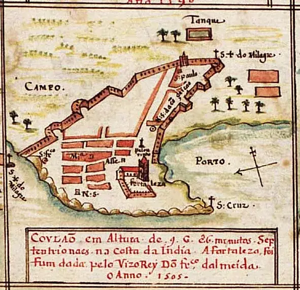 A hand-coloured manuscript plan of Coulão (Kollam) showing a walled town with a grid of red-roofed streets, a fortress on the shore, palm trees, and a lagoon on the right labelled PORTO