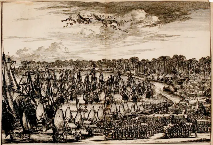 A seventeenth-century engraving titled de stadt COYLANG showing a large fleet of sailing ships crowded into the harbour at Kollam, with ranks of soldiers drawn up in formation along the shore in the foreground and a palm-lined coast behind