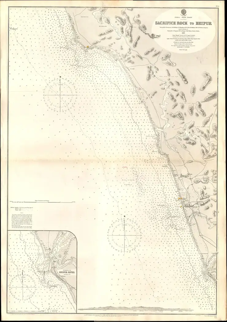 Admiralty chart number 64, Sacrifice Rock to Beipur, published 1888, showing the Malabar coast with Sacrifice Rock marked offshore