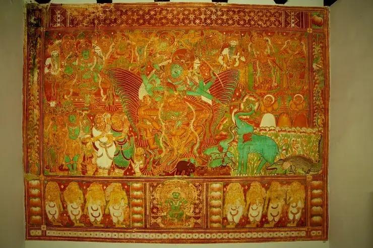 The full Gajendra Moksham mural showing the main panel and the separate lower frieze register within a decorated border