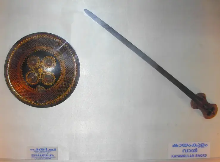 The Kayamkulam sword and shield displayed at Krishnapuram Palace.