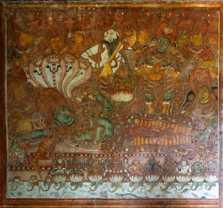 The Vishnu Anantashayana mural at Mattancherry Palace, Vishnu reclining on the serpent amid packed figures, lotuses and a register of fish