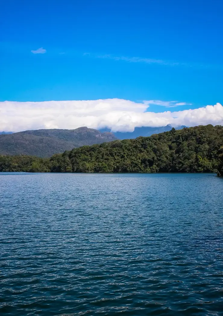 The Neyyar reservoir with an unbroken forested shoreline and the cloud-topped Agasthyamala ridge rising behind