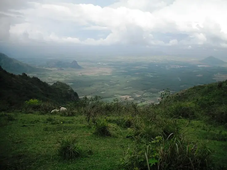 The Tamil Nadu plain seen from the grass slope at Ramakkalmedu, farmland stretching to the horizon under cloud